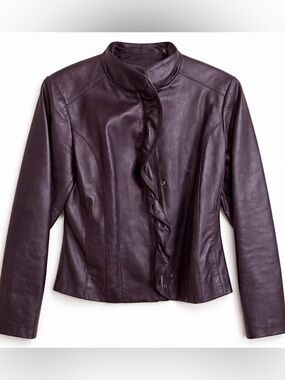 Jones New York Deep Plum Leather Ruffle-Trim Jacket